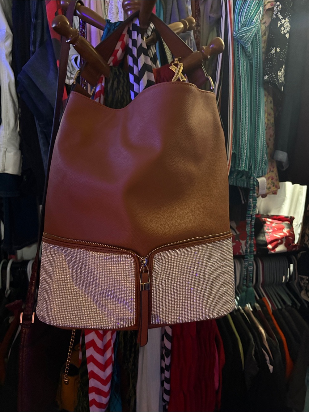 Women’s Brown Tote Bag with Crystal Accent